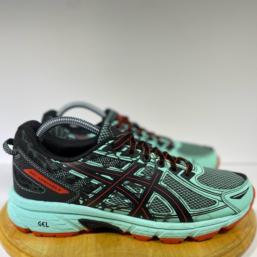 Asics T7G6Q (Size 9.5) Gel-Venture 6 Black With Aqua Green Running Shoes Women
